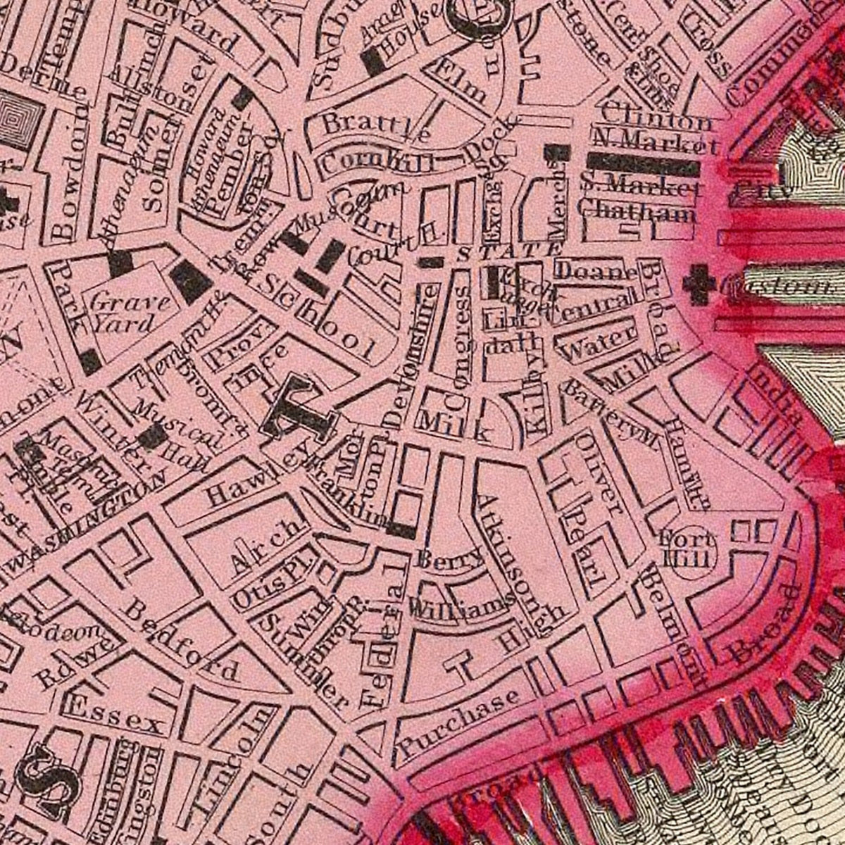 Restored historic details from the 1860 city map of Boston, Massachusetts
