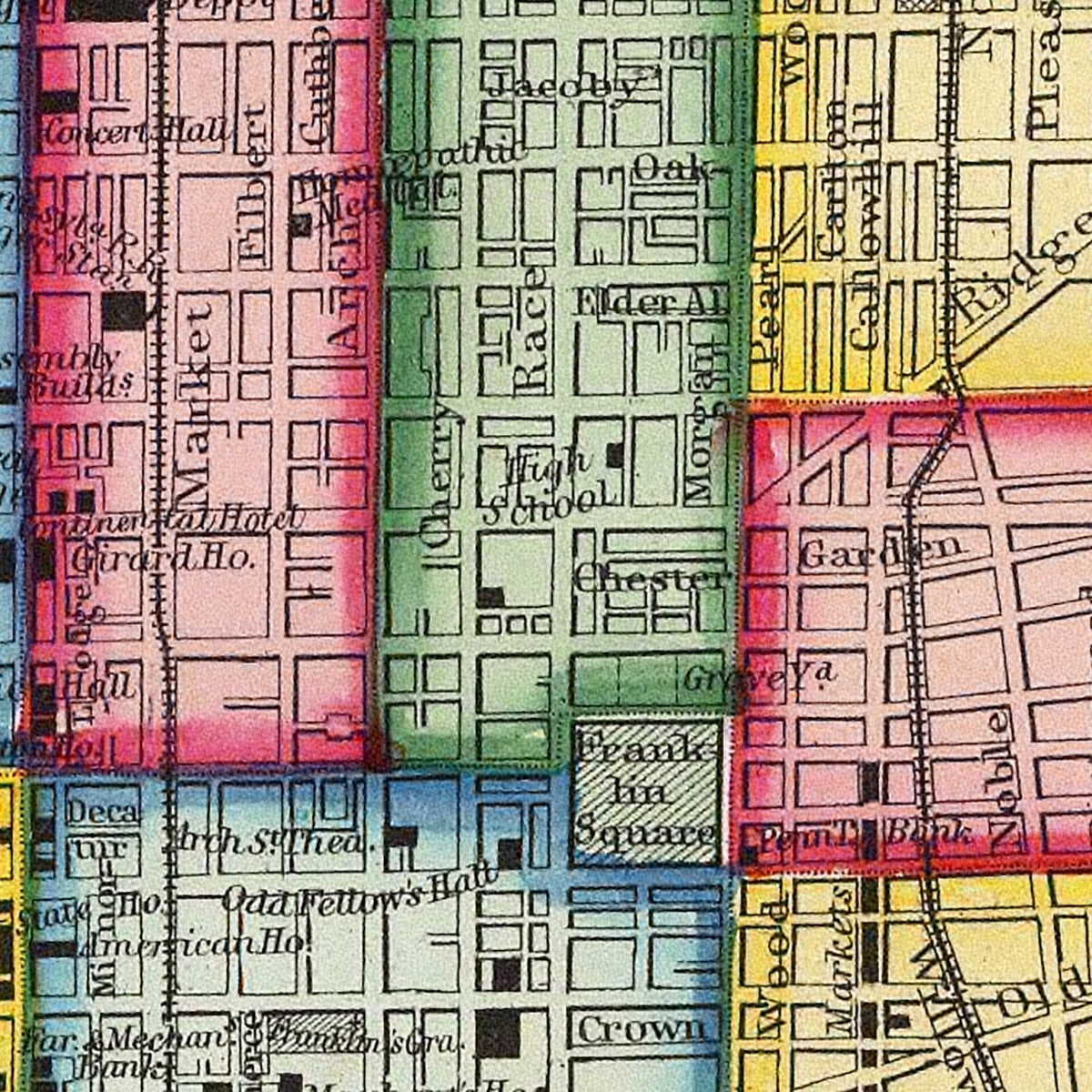 Restored historic details from the 1860 city map of Philadelphia, Pennsylvania