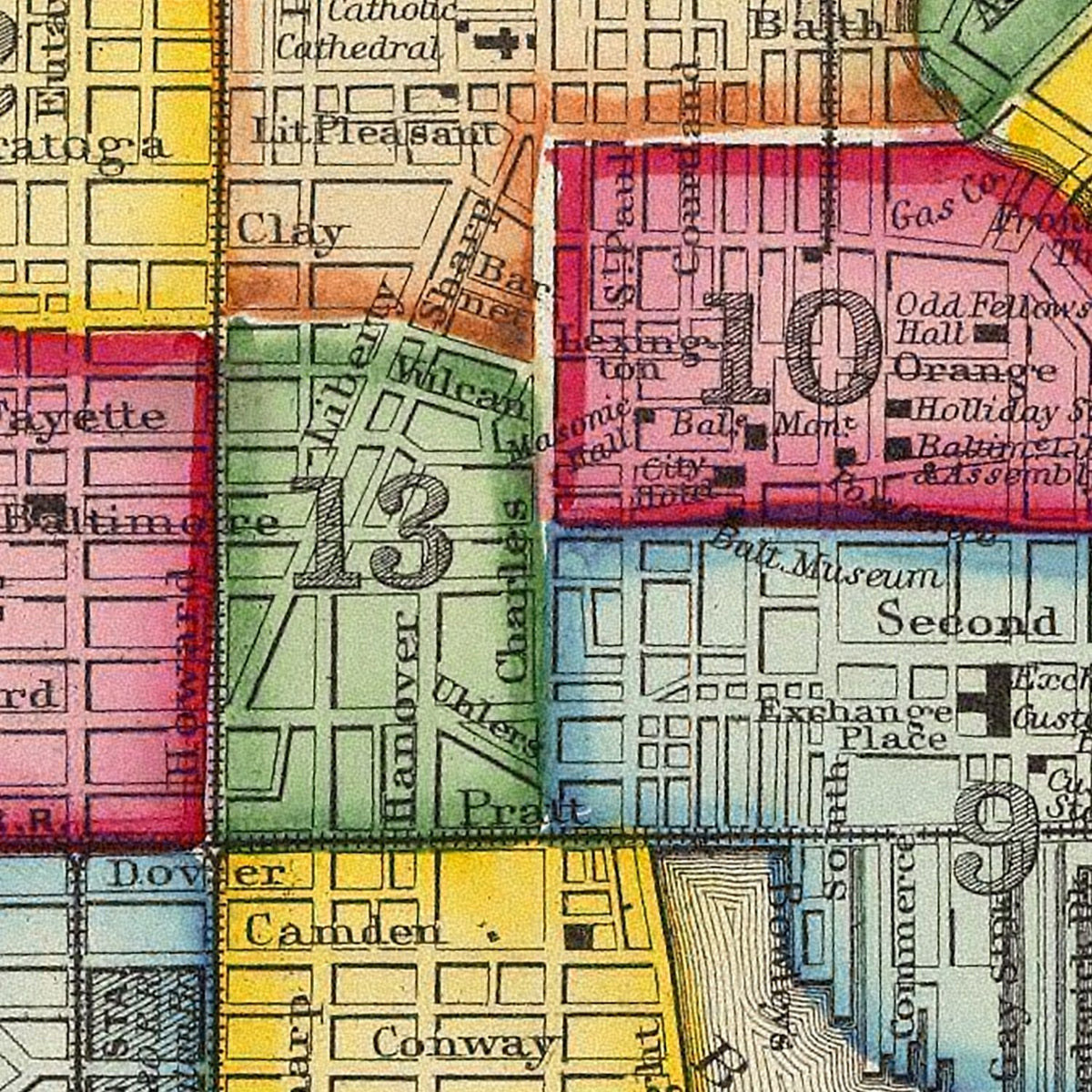 Restored historic details from the 1860 city map of Baltimore, Maryland
