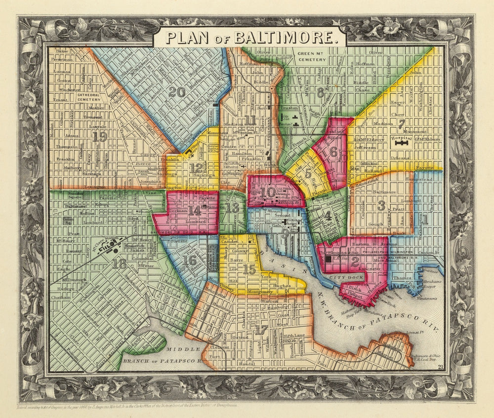 Vintage Map of Baltimore, Maryland 1860 print style example