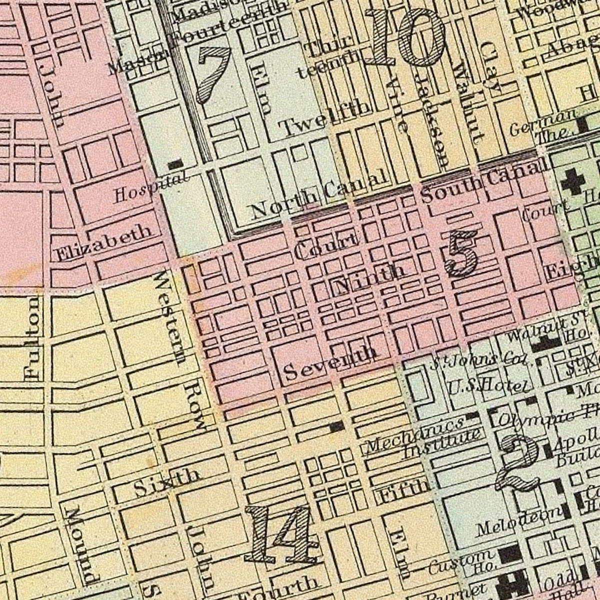 Restored historic details from the 1860 city map of Cincinnati, Ohio