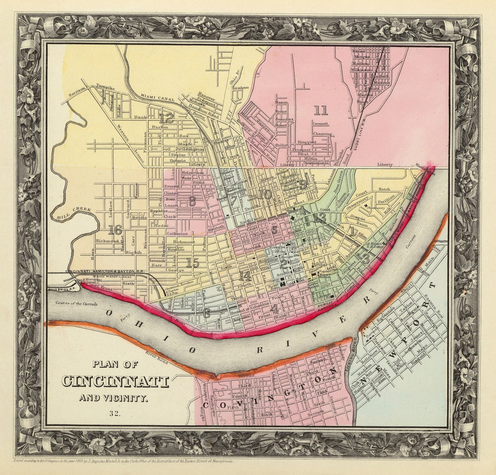 Vintage Map of Cincinnati, Ohio 1860 print style example