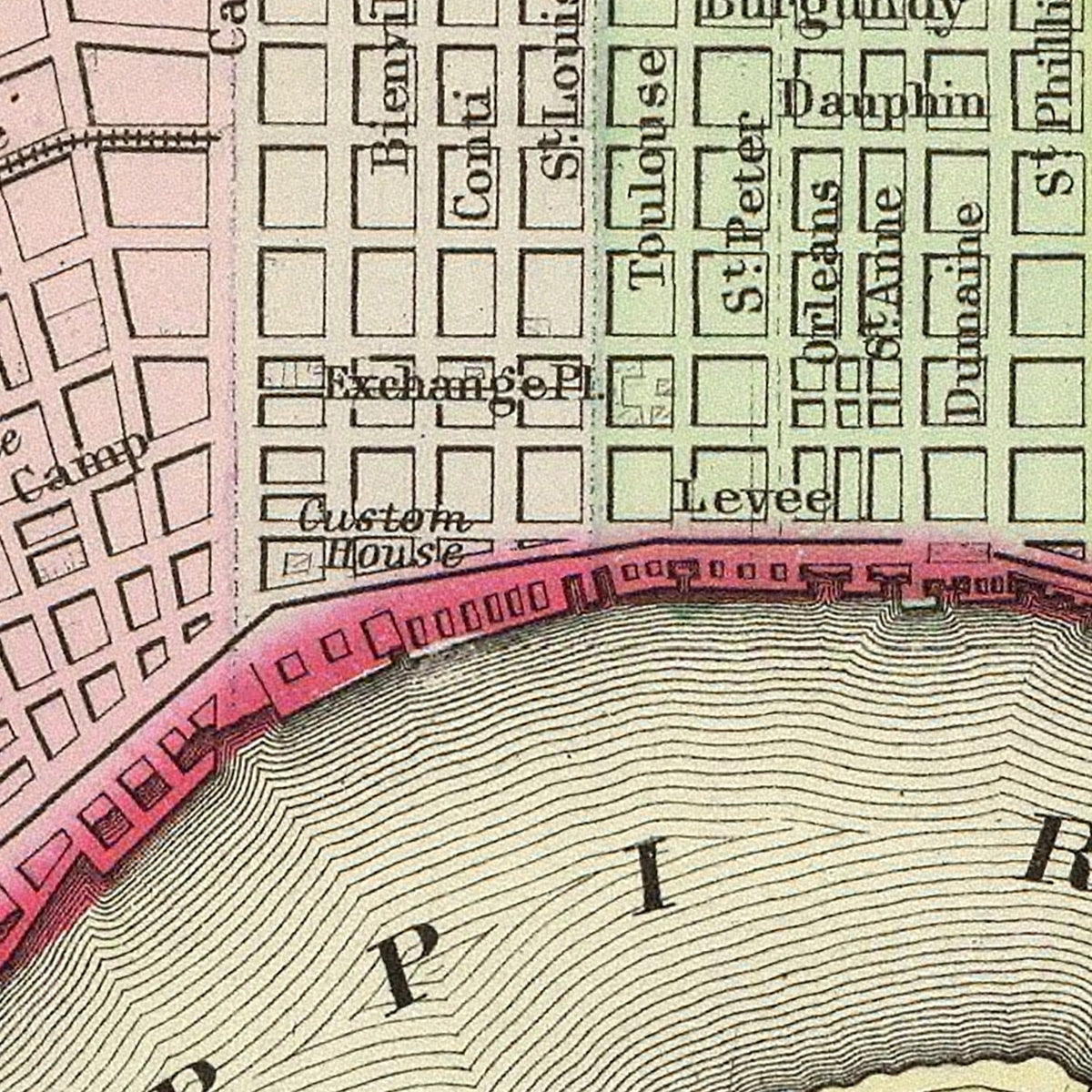 Restored historic details from the 1890 city map of New Orleans, Louisiana