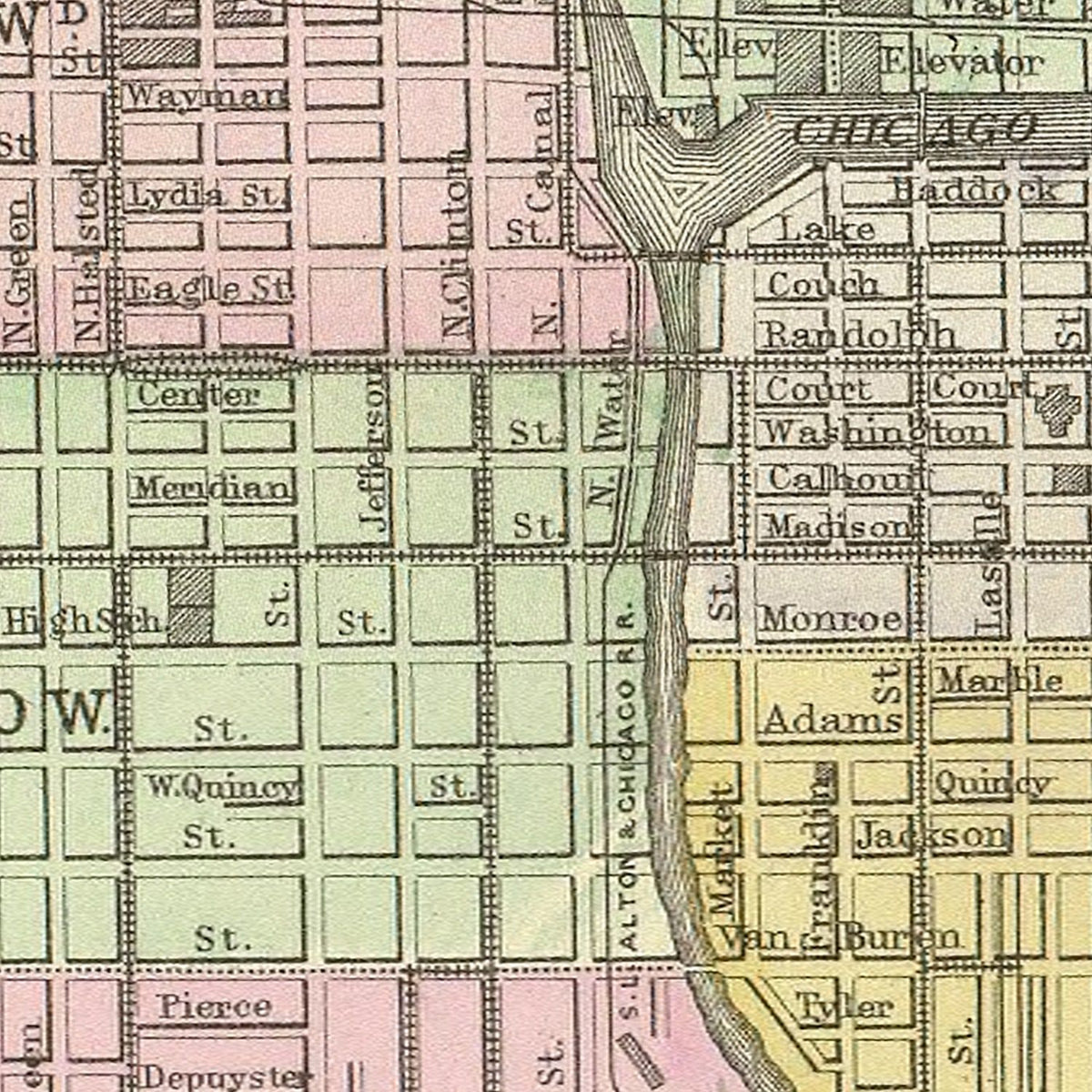 Restored historic details from the 1890 city map of Chicago, Illinois