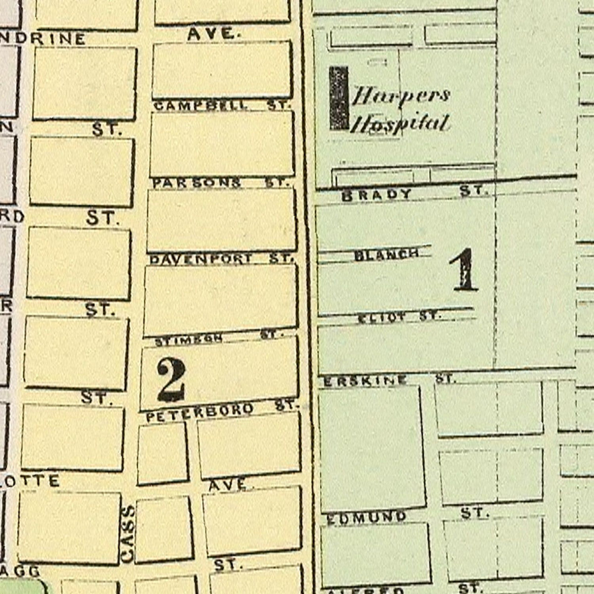 Restored historic details from the 1890 city map of Detroit, Michigan