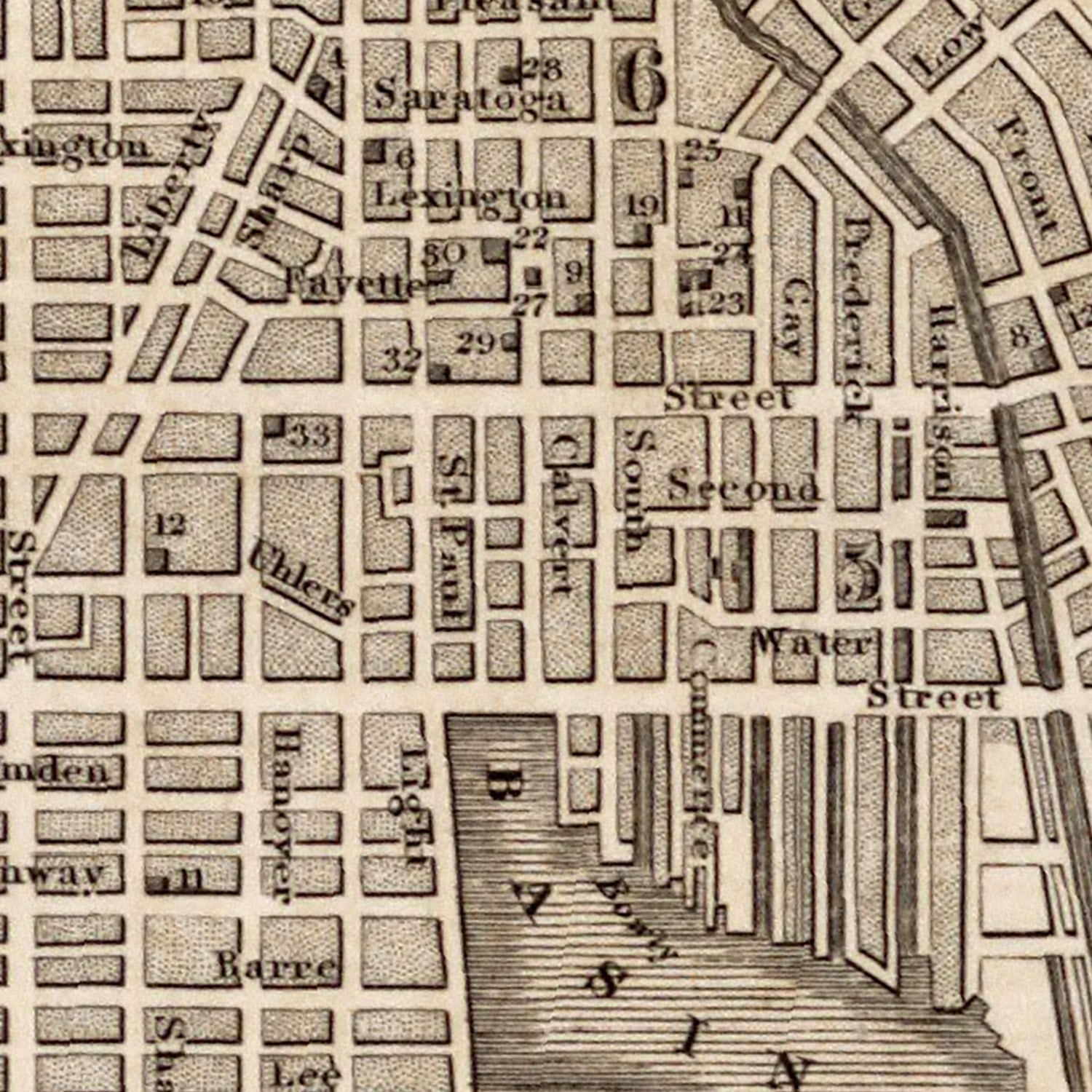 Restored historic details from the 1844 city map of Baltimore, Maryland
