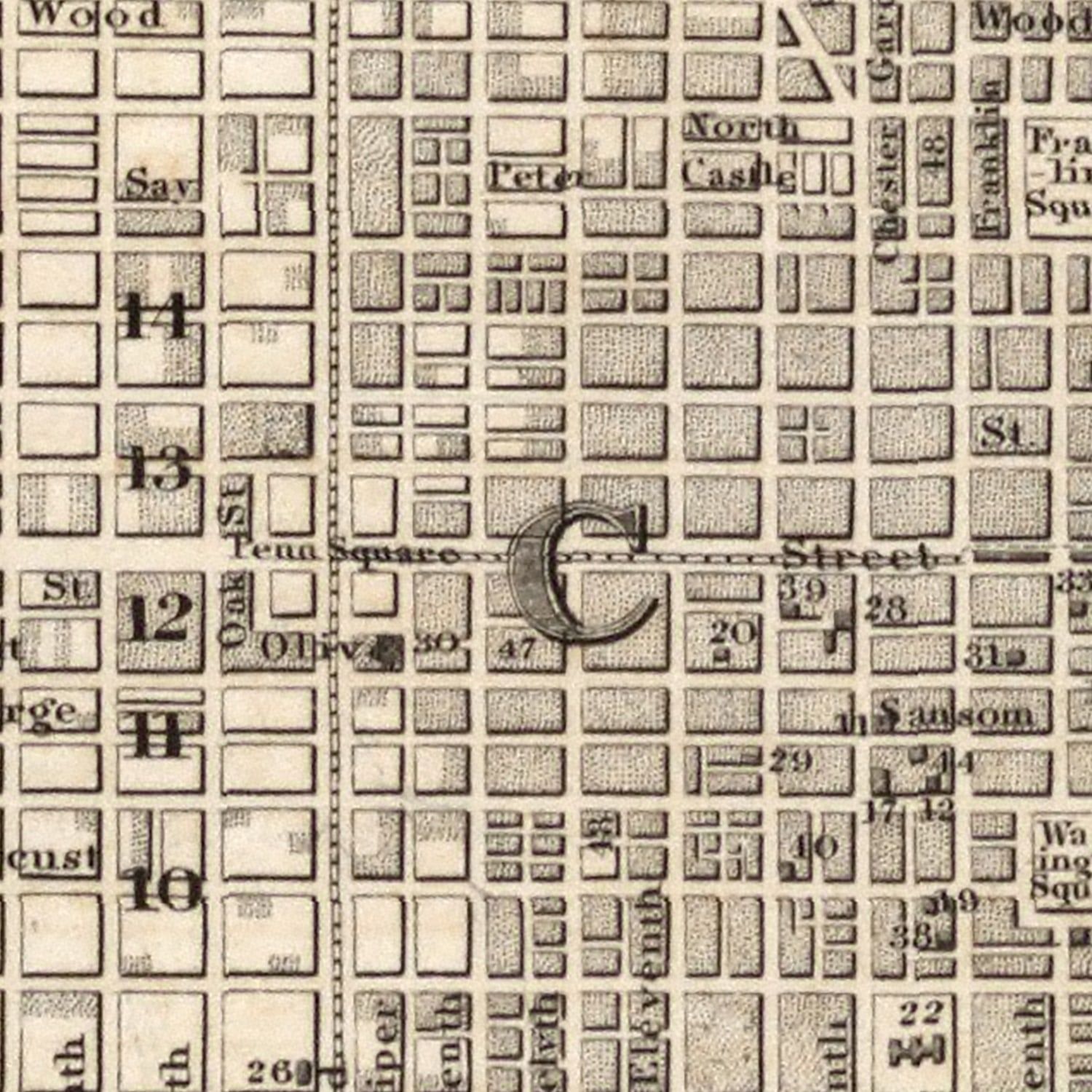 Restored historic details from the 1844 city map of Philadelphia, Pennsylvania
