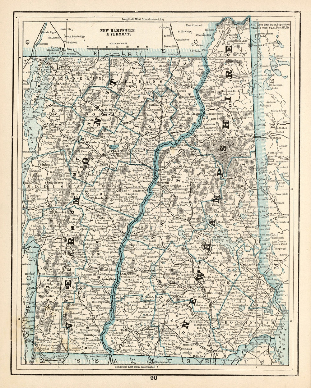 Vintage Map of New Hampshire & Vermont 1893 print style example