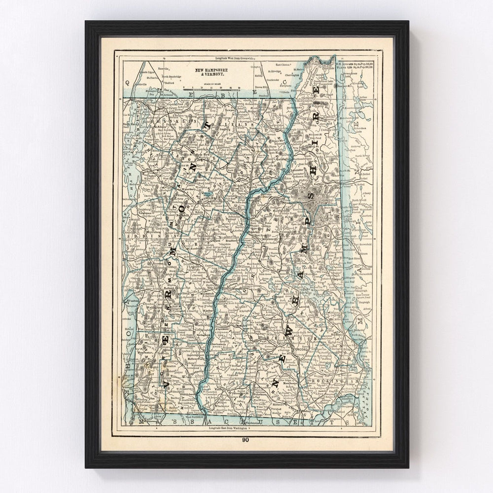 New Hampshire, Vermont Vintage Map 1893
