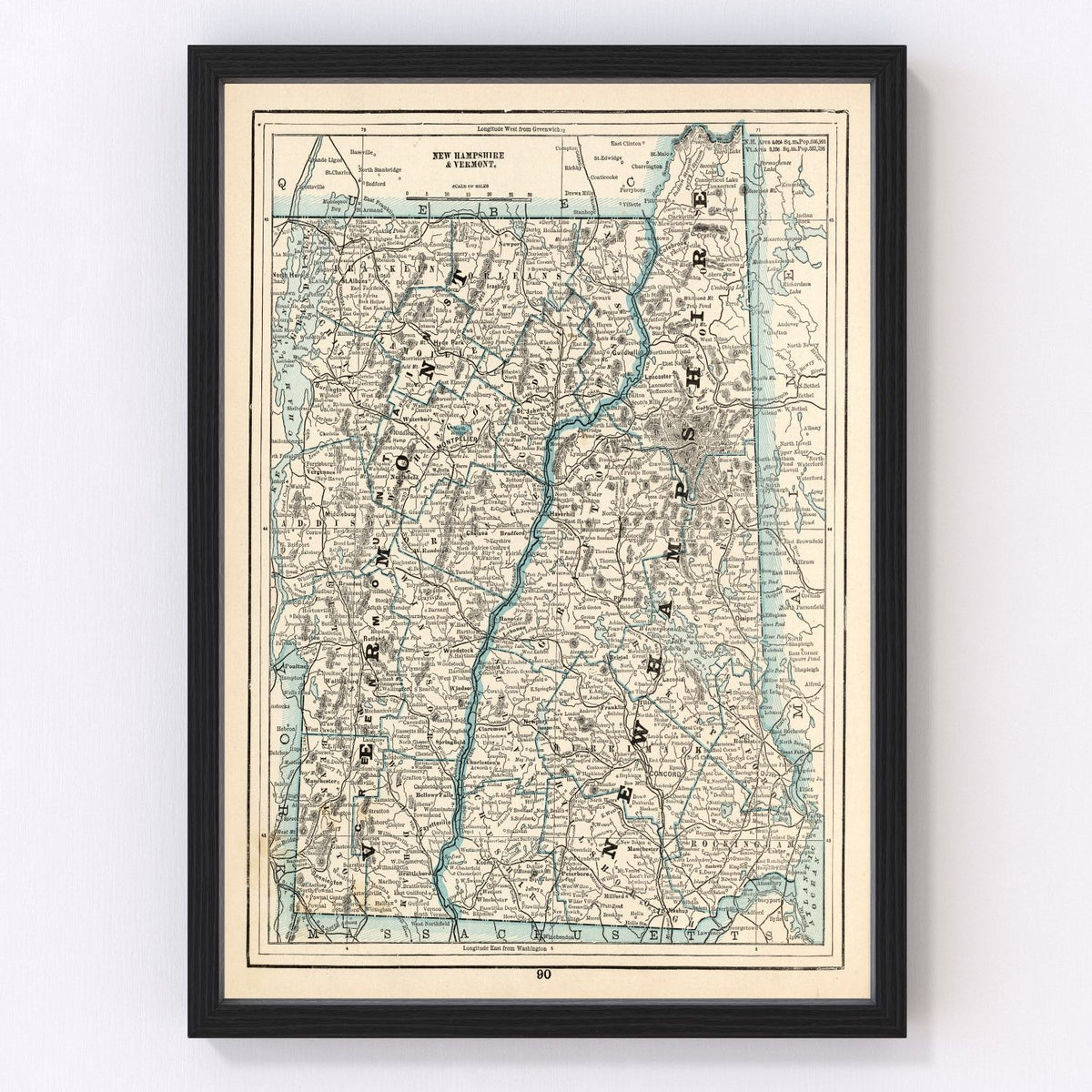 New Hampshire, Vermont Vintage Map 1893