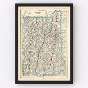New Hampshire, Vermont Vintage Map 1893