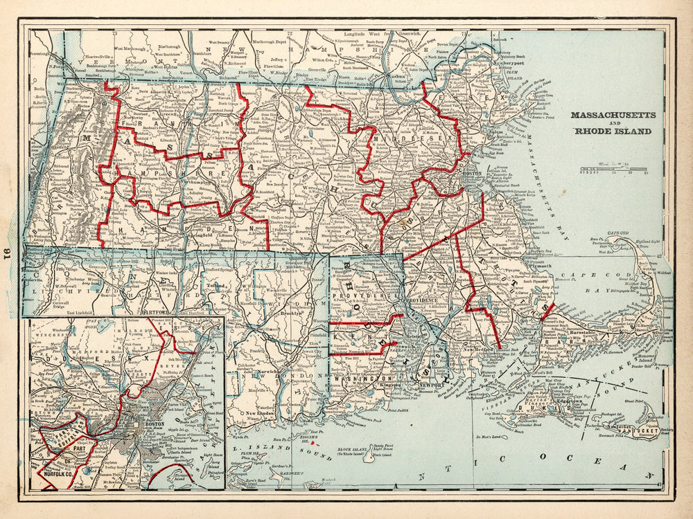Vintage Map of Massachusetts & Rhode Island 1893 print style example