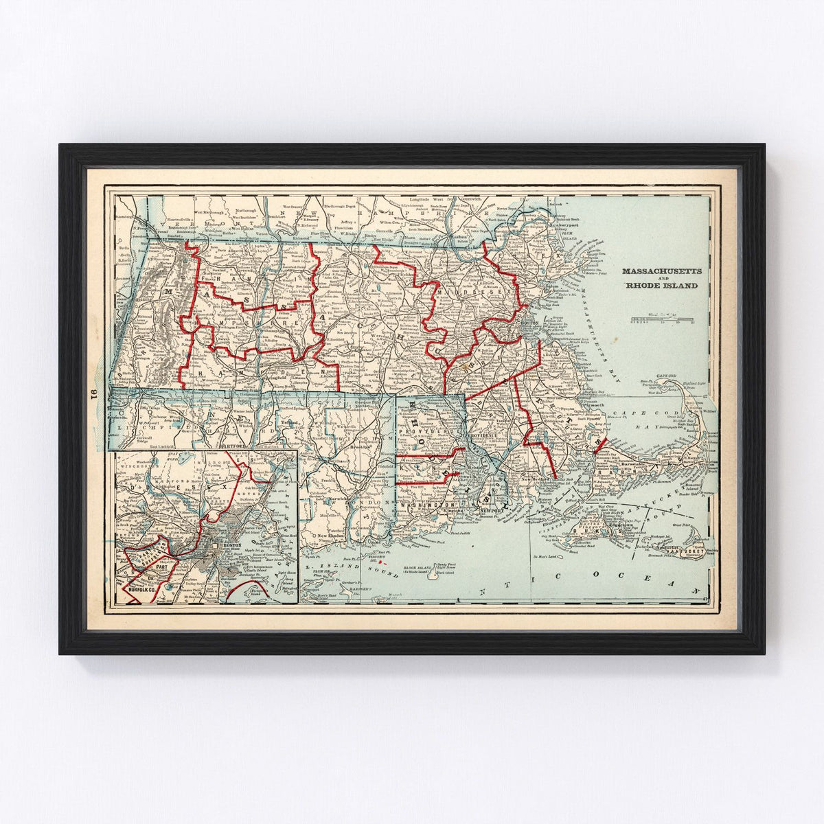 Massachusetts, Rhode Island Vintage Map 1893