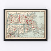 Massachusetts, Rhode Island Vintage Map 1893