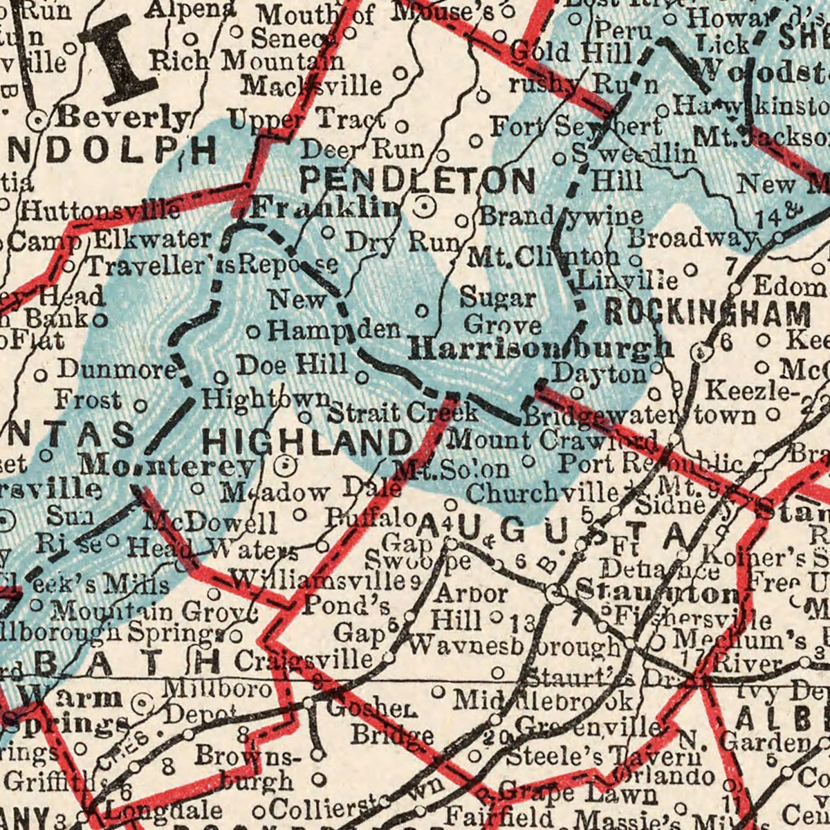 Restored historic details from the 1893 state map of County, Virginia, West Virginia, Maryland & Delaware