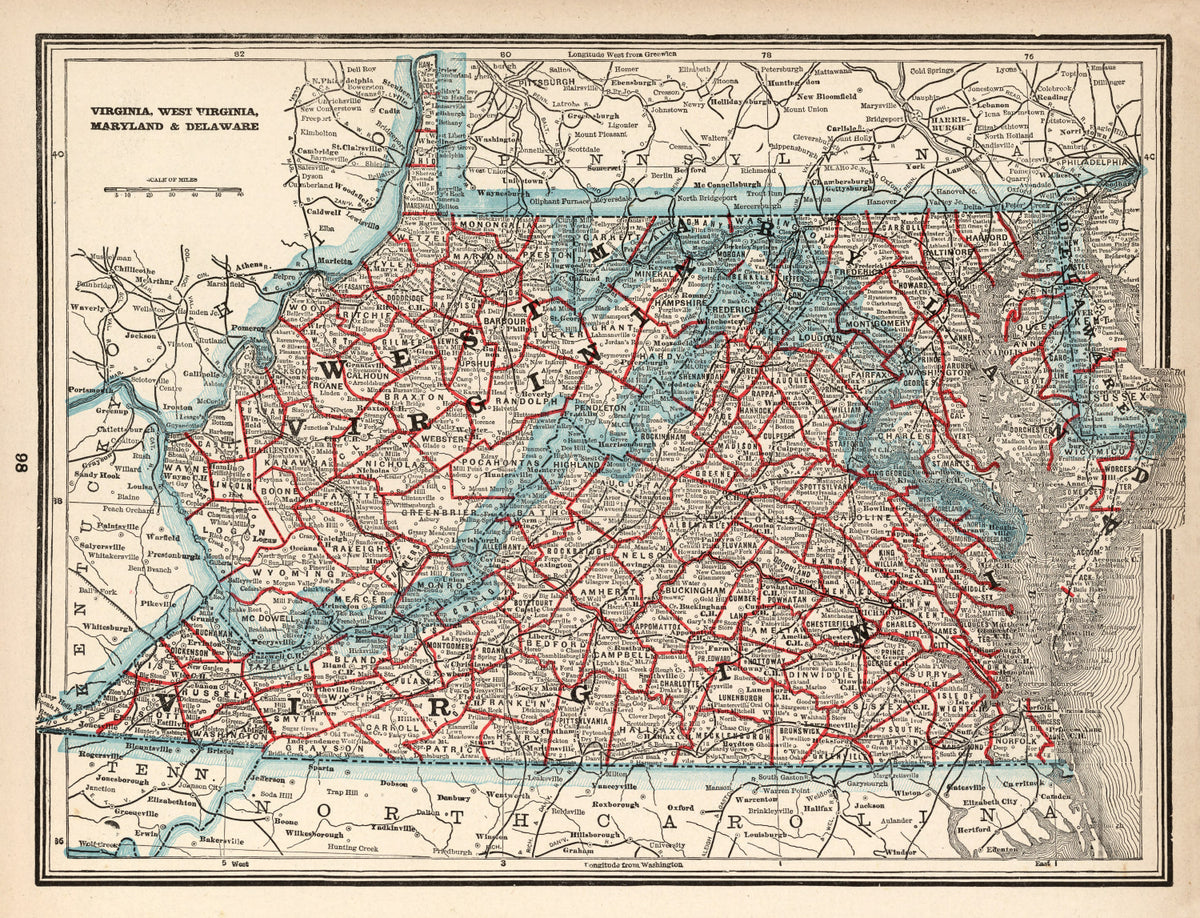 Preview of Vintage Map of Virginia, West Virginia, Maryland & Delaware 1893