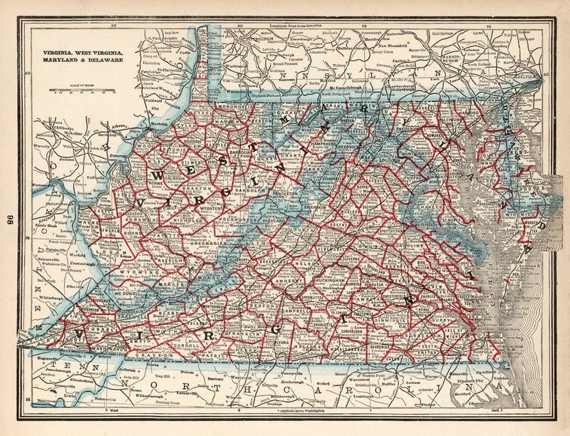 Size comparison using Vintage Map of Virginia, West Virginia, Maryland & Delaware 1893