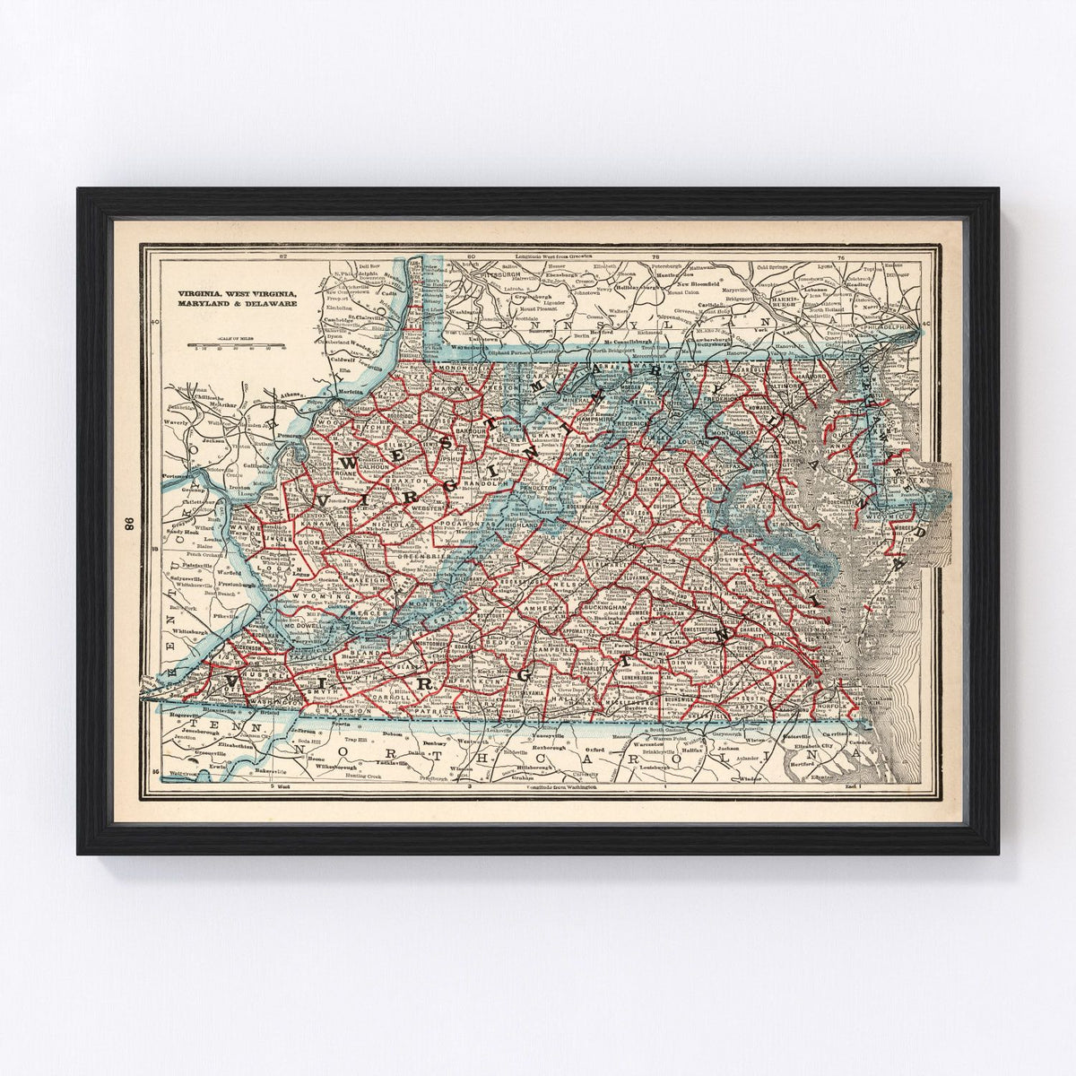 Virginia, West Virginia, Maryland, Delaware Vintage Map 1893