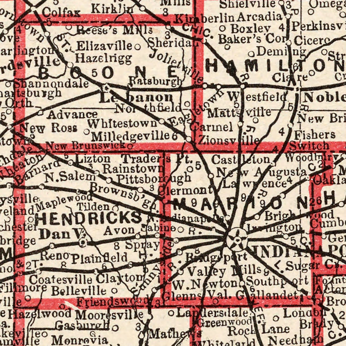 Restored historic details from the 1893 state map of Indiana, Indiana
