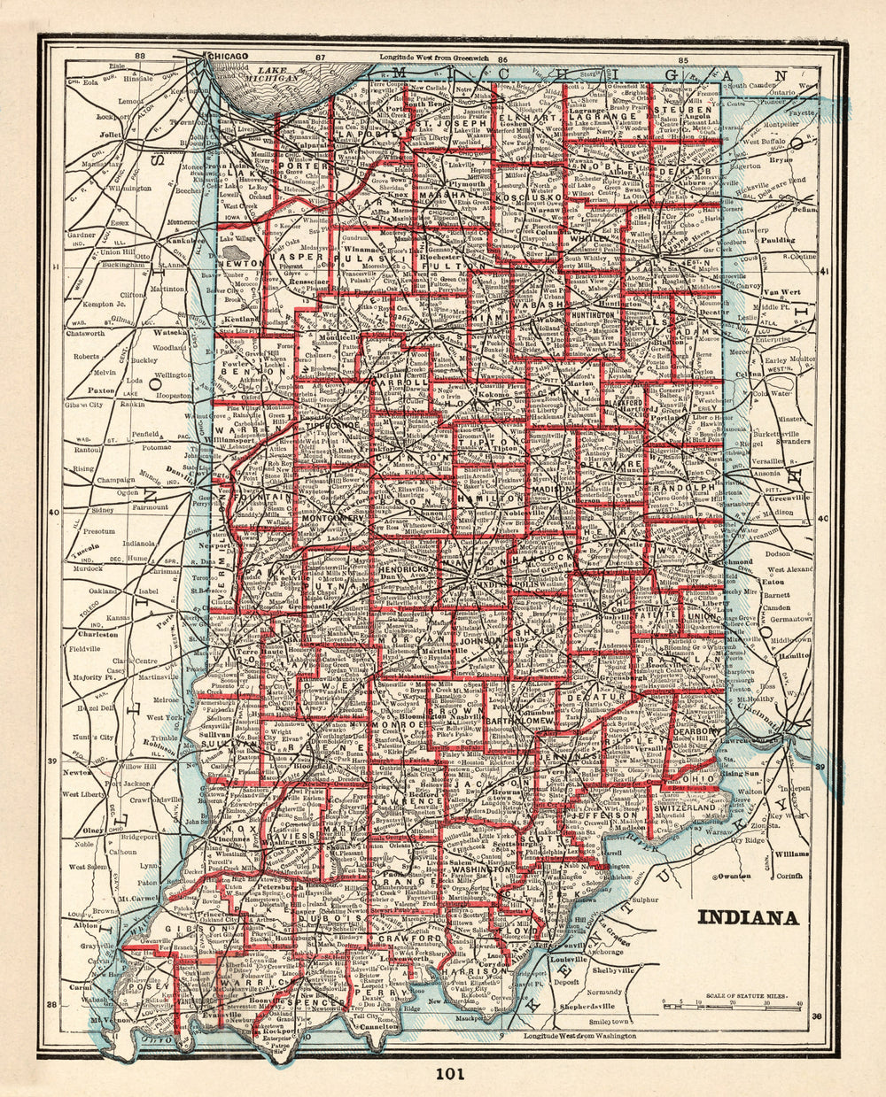 Vintage Map of Indiana 1893 print style example