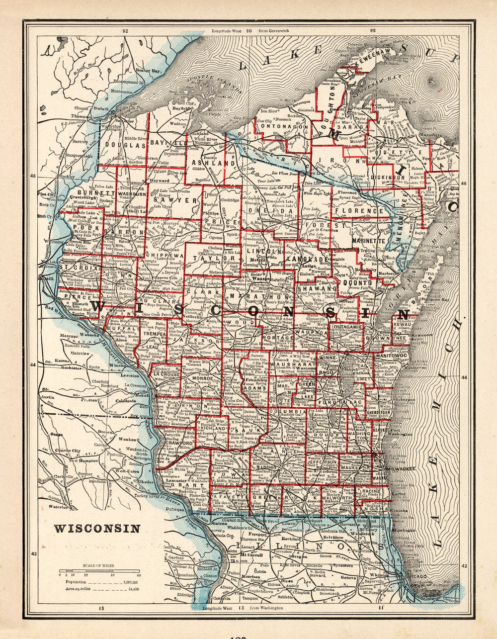 Vintage Map of Wisconsin 1893 print style example