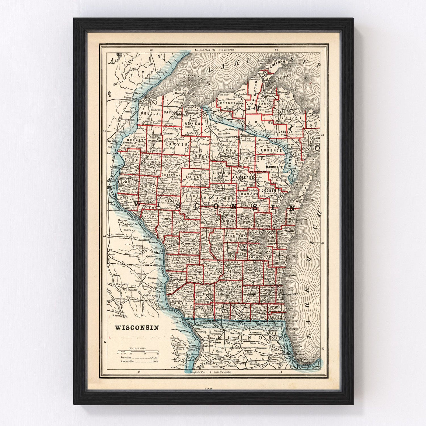 Wisconsin Vintage Map 1893