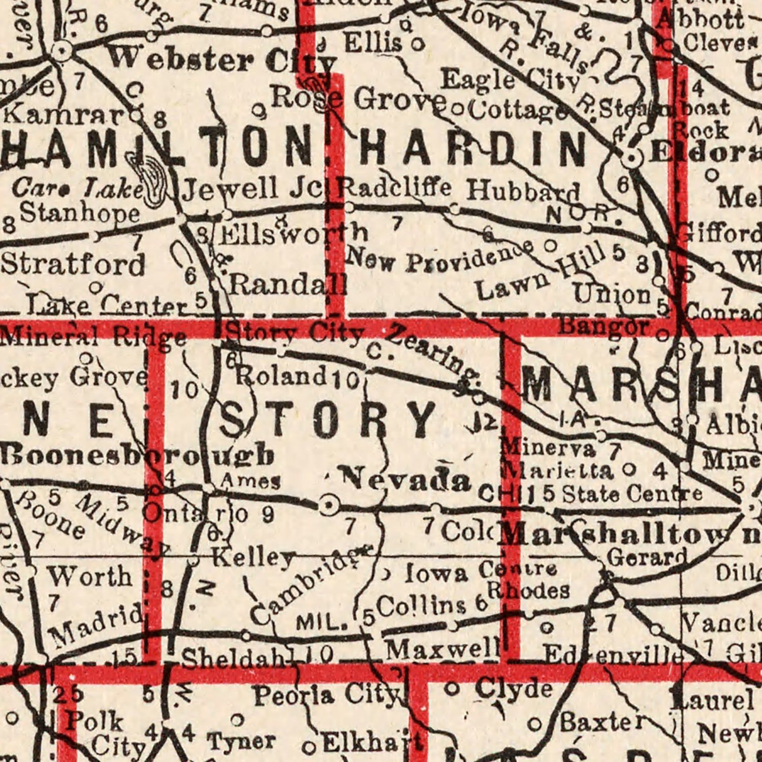 Restored historic details from the 1893 state map of Iowa, Iowa