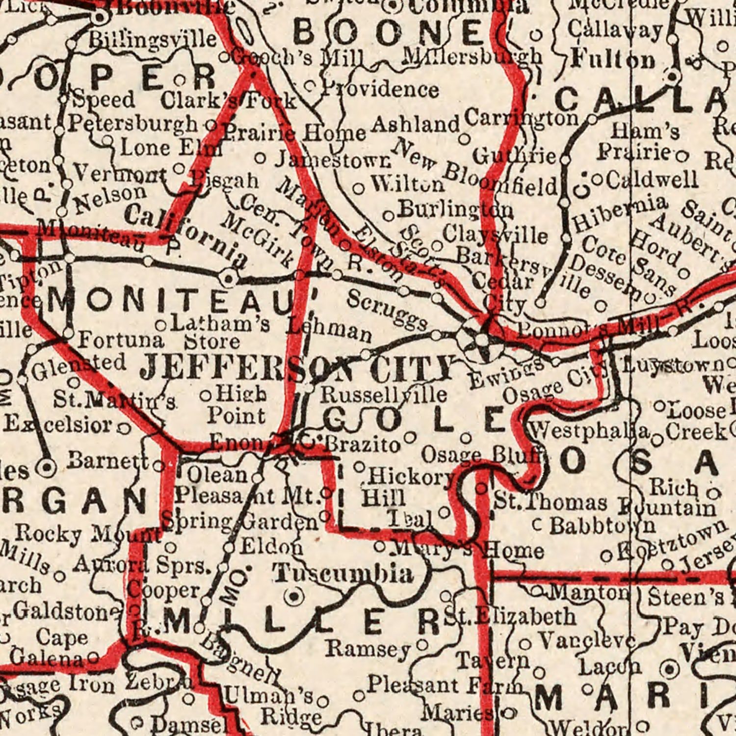 Restored historic details from the 1893 state map of Missouri, Missouri