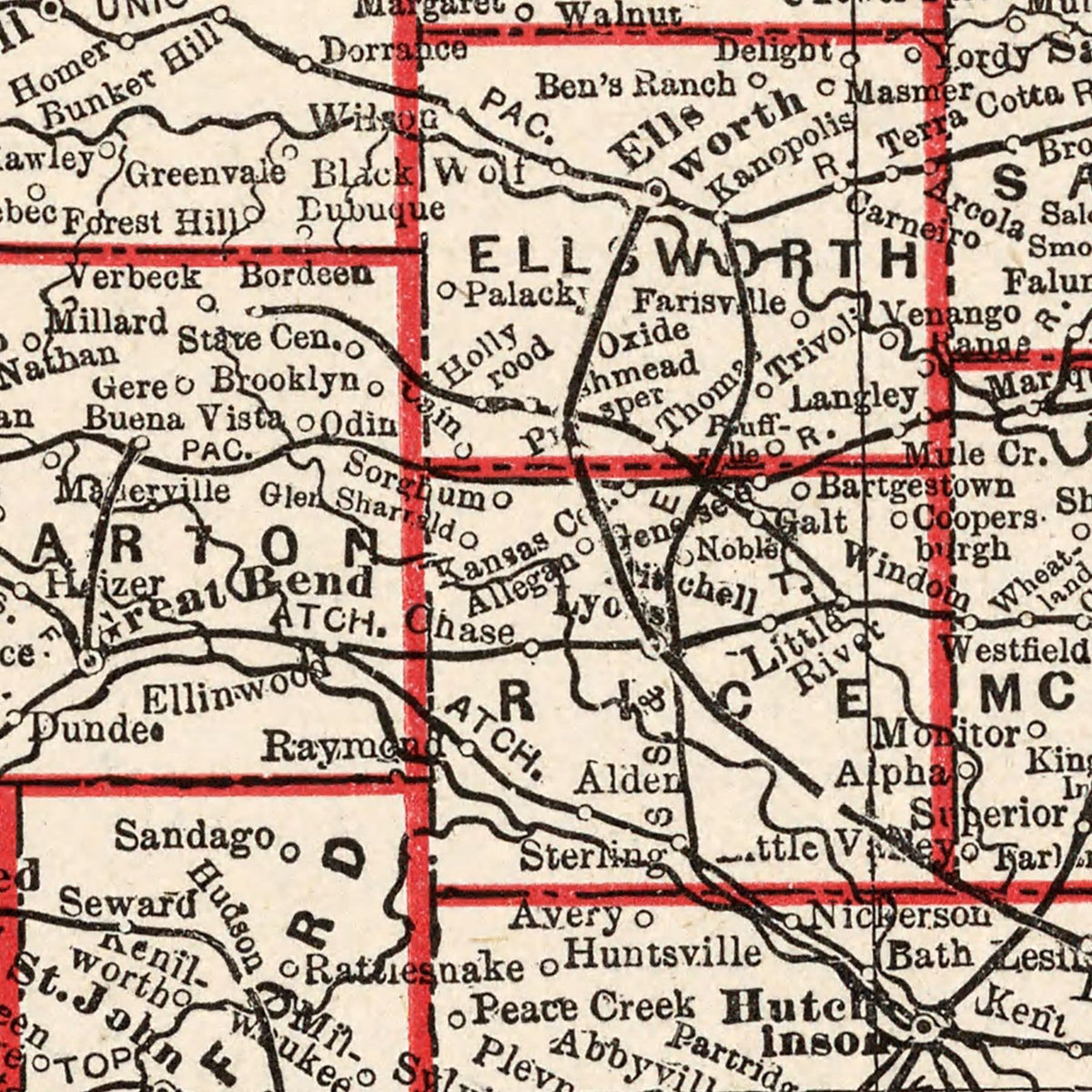 Restored historic details from the 1893 state map of Kansas, Kansas