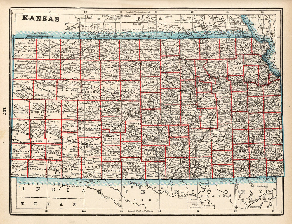 Vintage Map of Kansas 1893 print style example