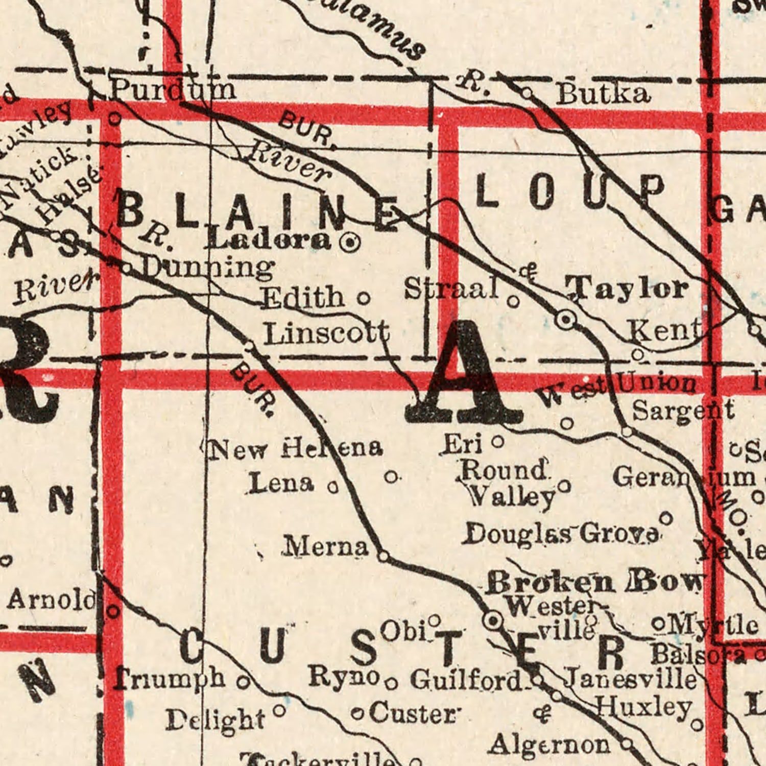 Restored historic details from the 1893 state map of Nebraska, Nebraska