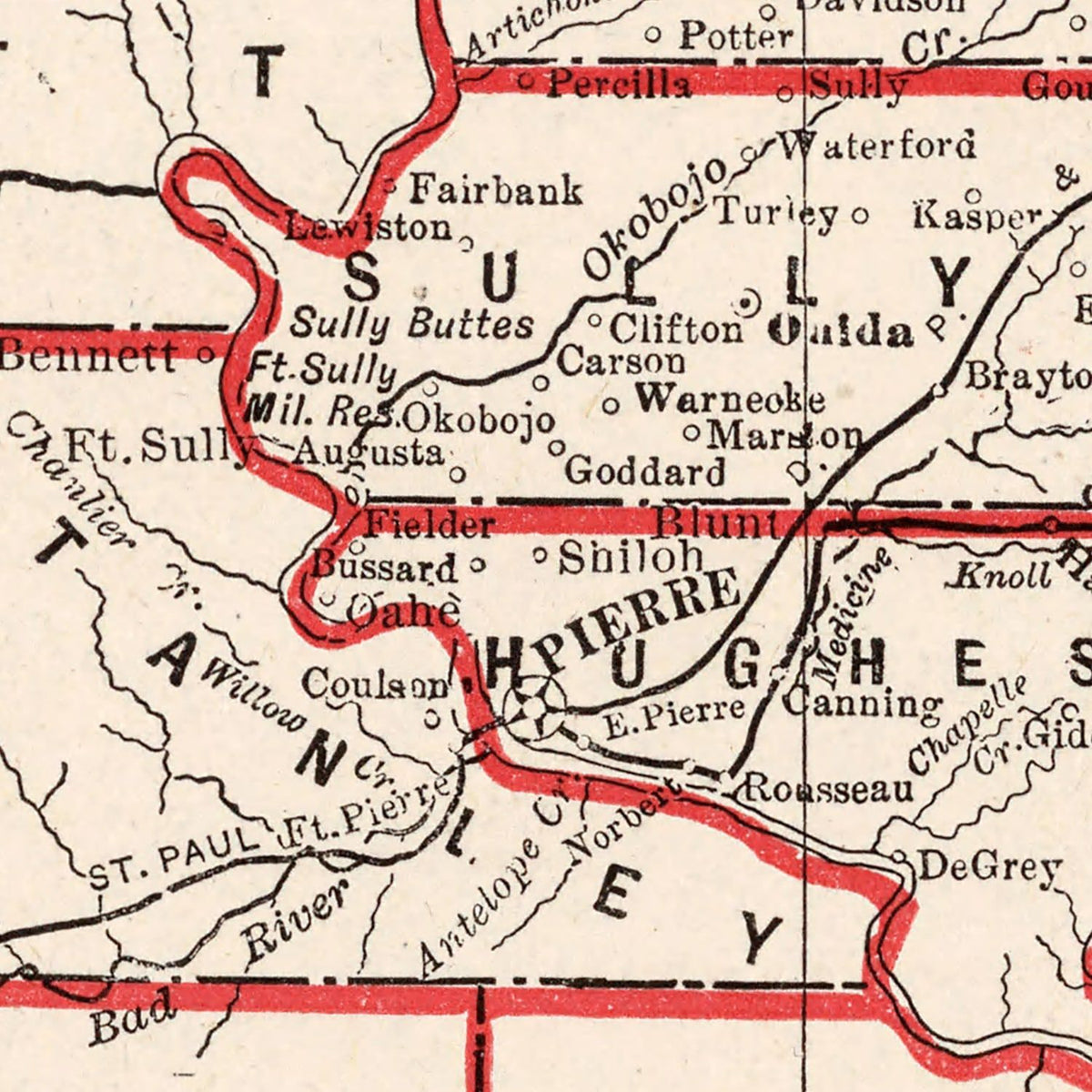 Restored historic details from the 1893 state map of South Dakota, South Dakota