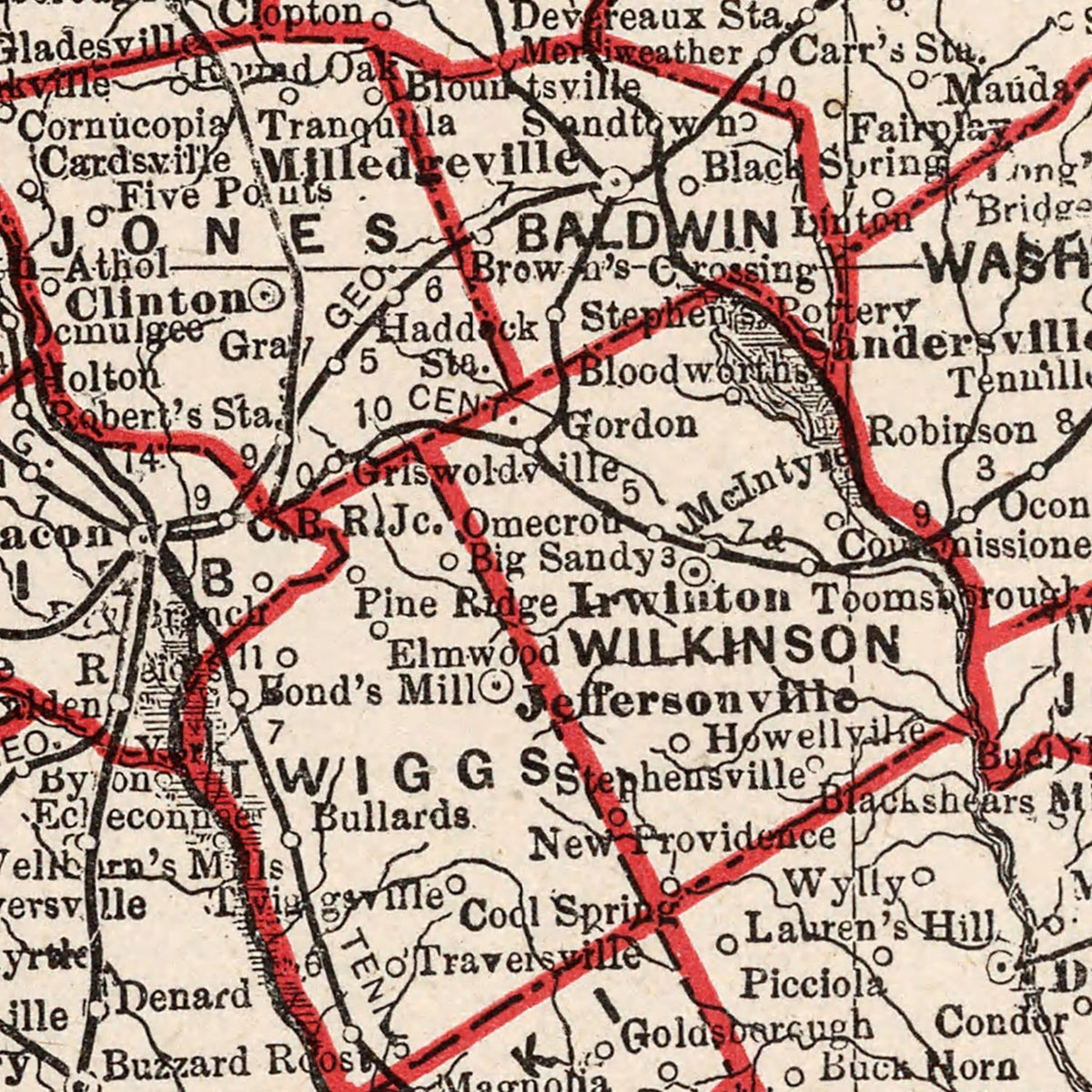 Restored historic details from the 1893 state map of Georgia, Georgia