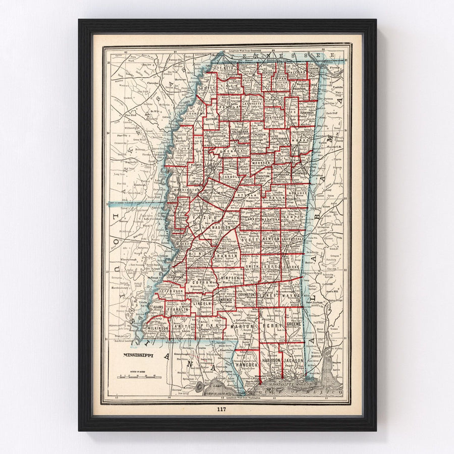 Vintage Map of Mississippi 1893