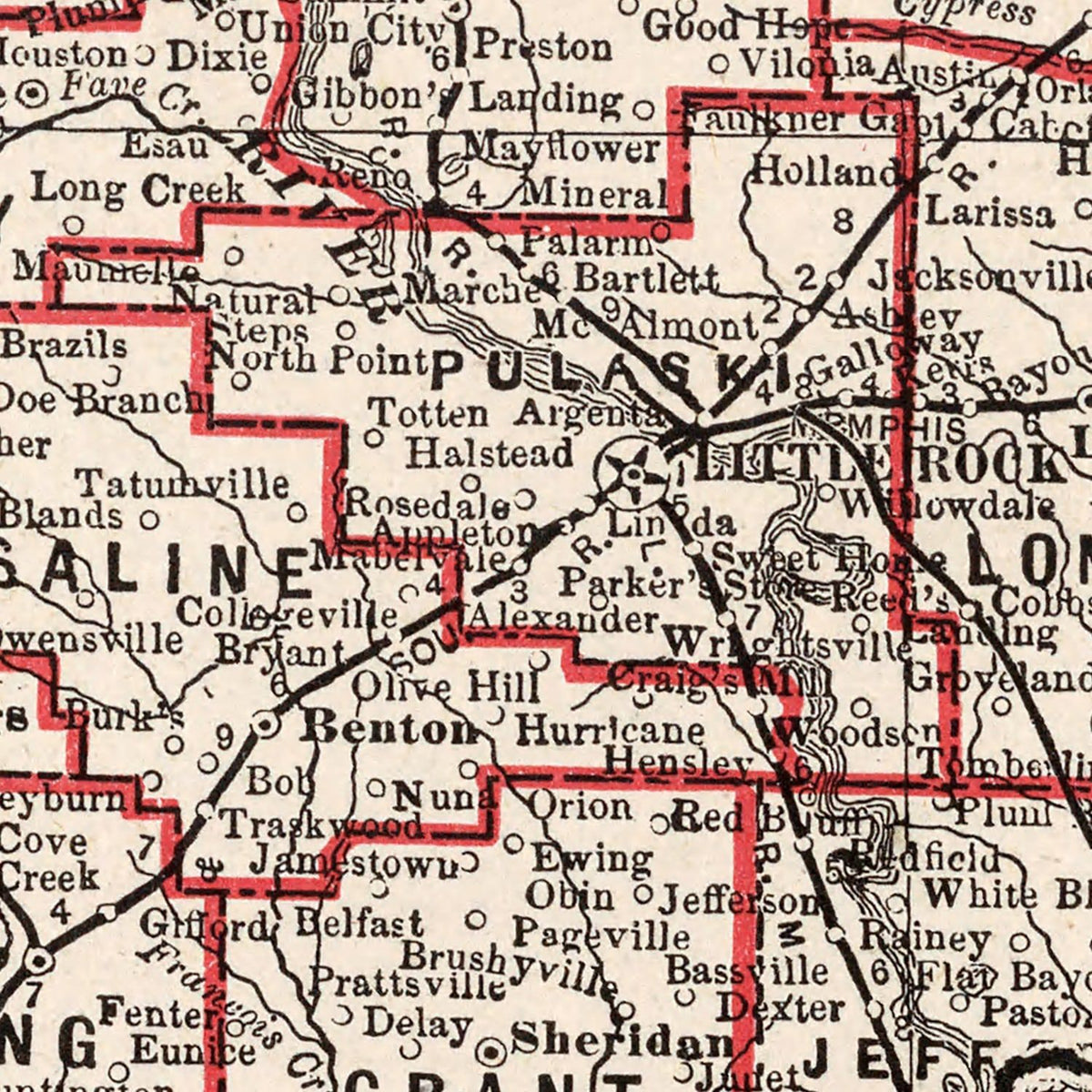 Restored historic details from the 1893 state map of Arkansas, Arkansas