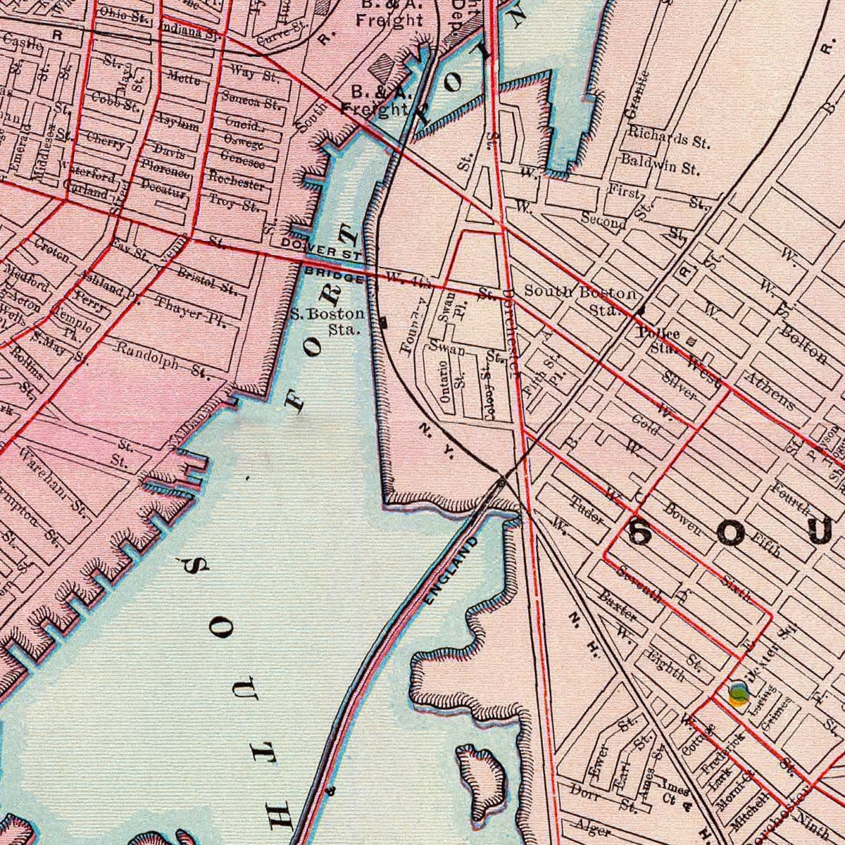 Restored historic details from the 1897 city map of Boston, Massachusetts