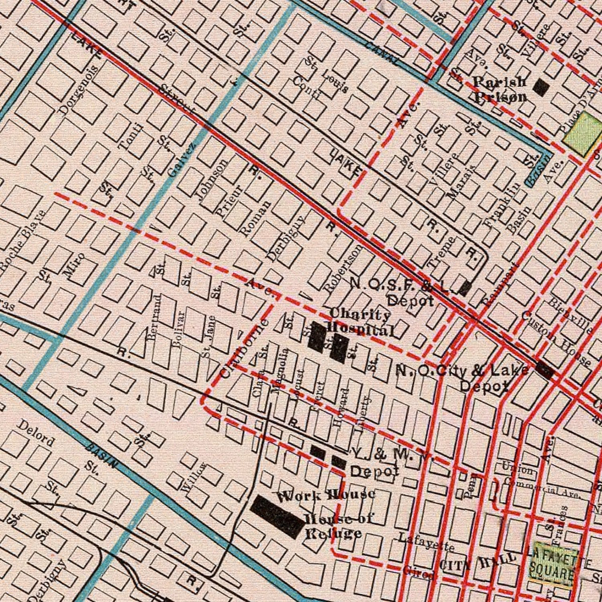 Restored historic details from the 1897 city map of New Orleans, Louisiana