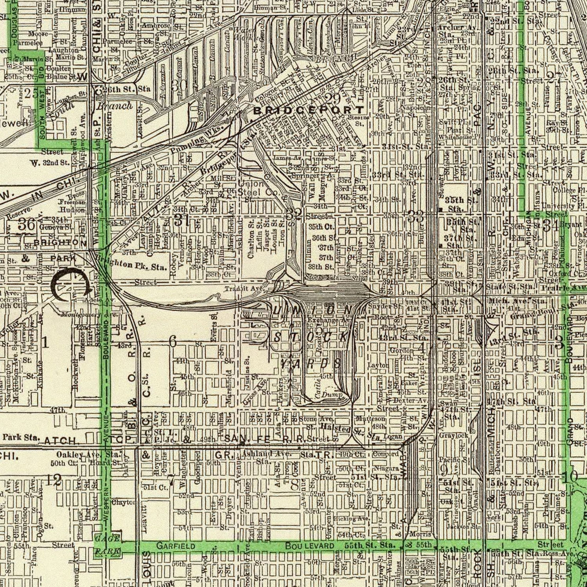 Restored historic details from the 1897 city map of Chicago, Illinois