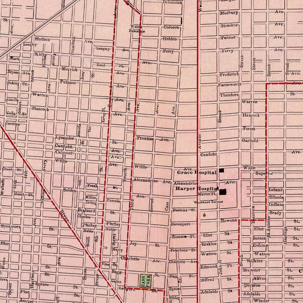 Restored historic details from the 1897 city map of Detroit, Michigan