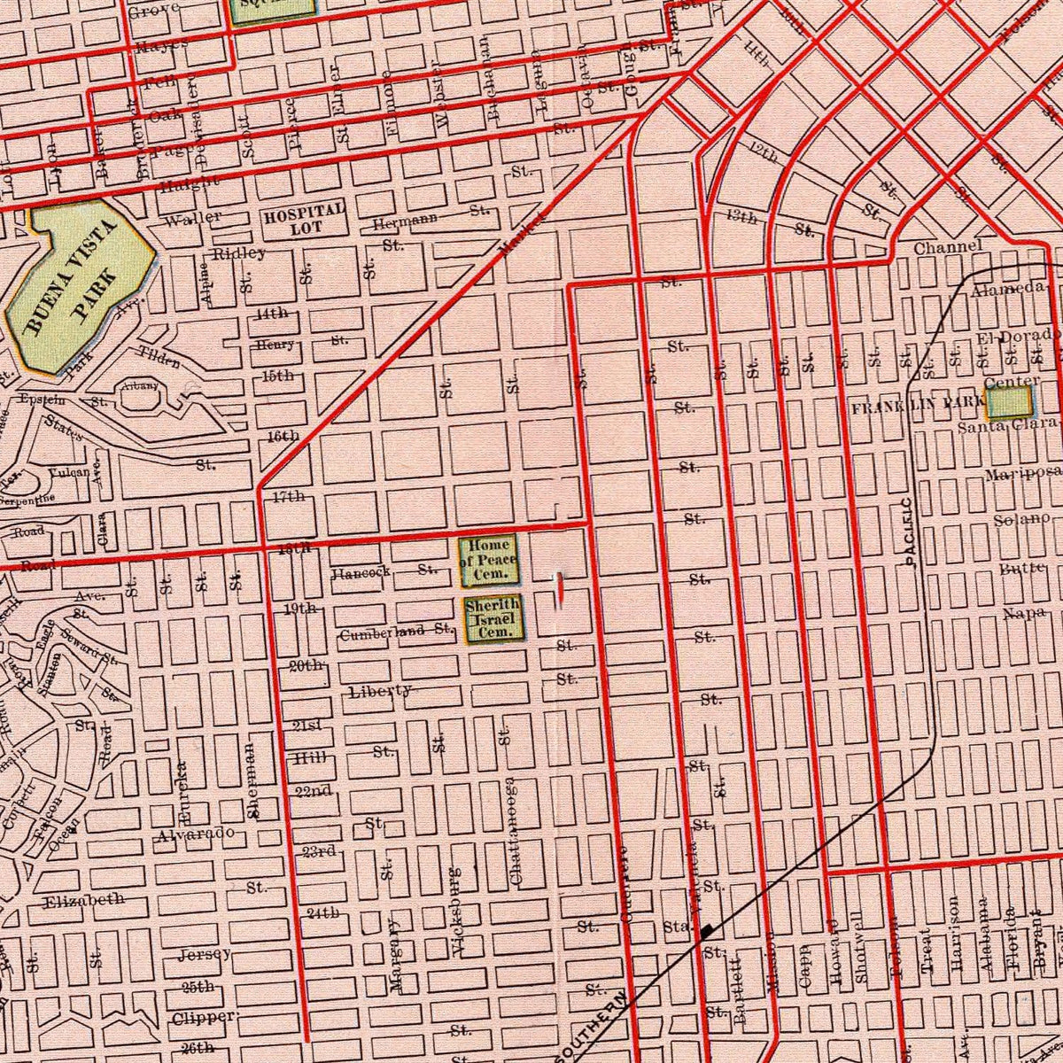 Restored historic details from the 1897 city map of San Francisco, California