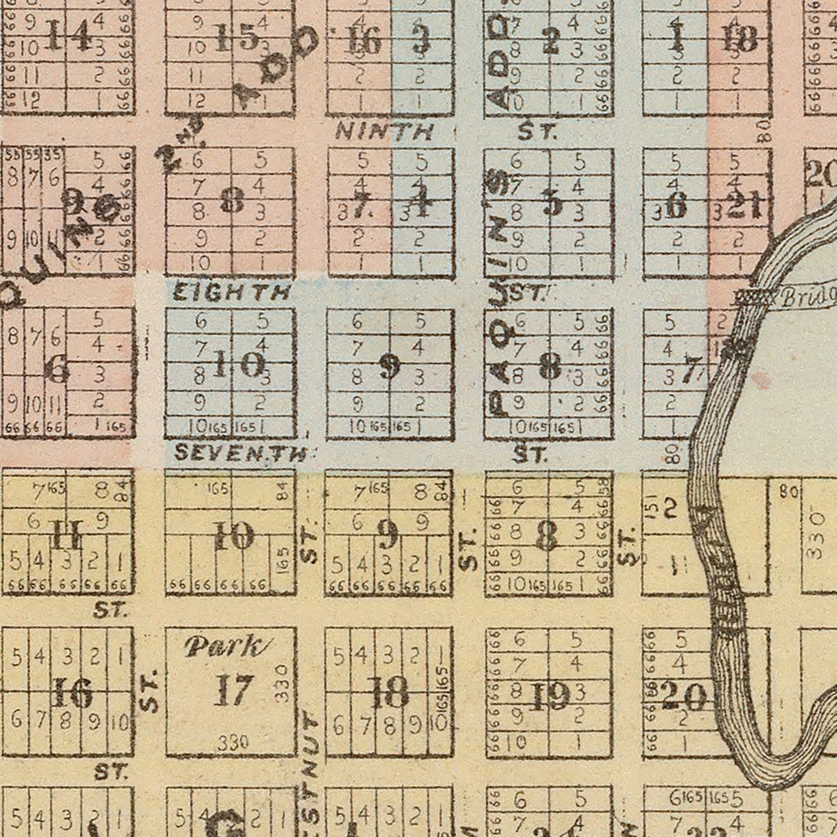 Restored historic details from the 1874 city map of Faribault, Minnesota