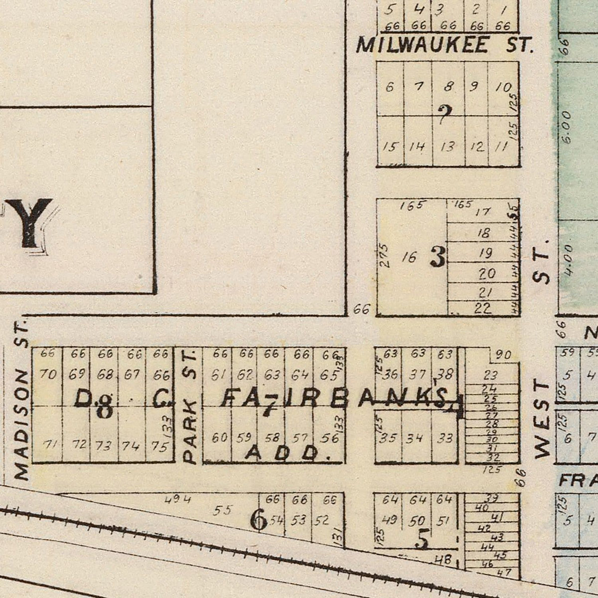 Restored historic details from the 1874 city map of Blue Earth, Minnesota