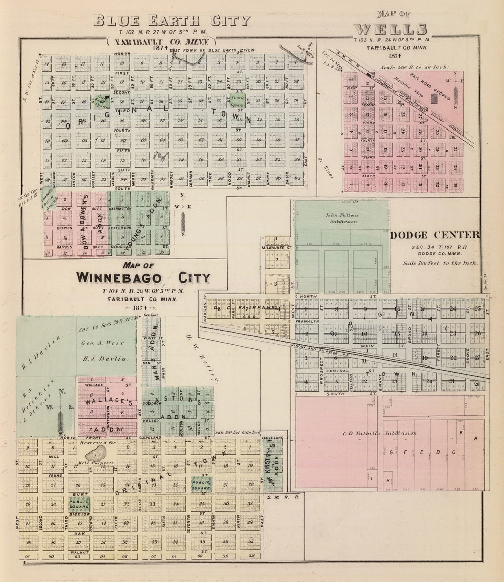Vintage Map of Blue Earth, Minnesota 1874 print style example