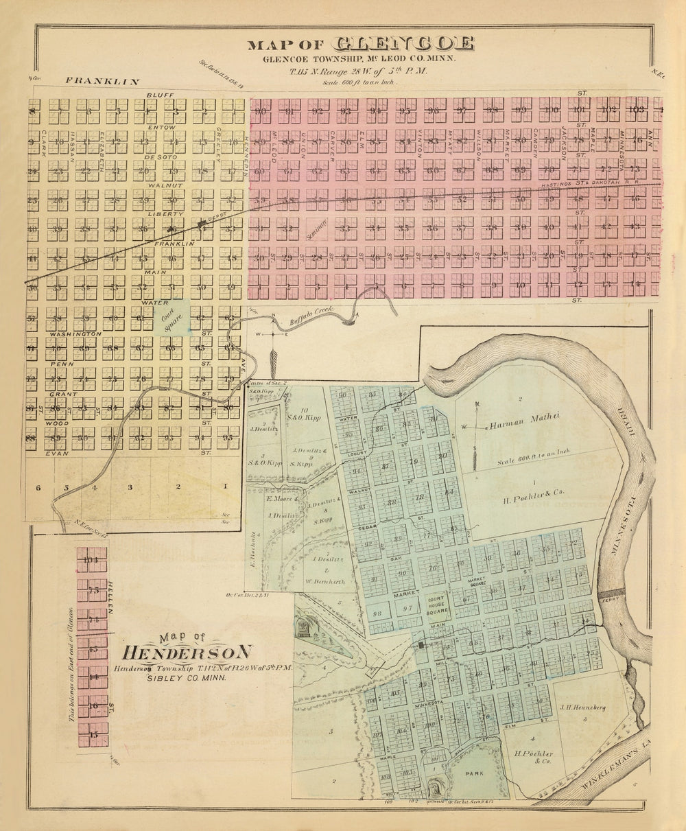 Vintage Map of Glencoe, Minnesota 1874 print style example