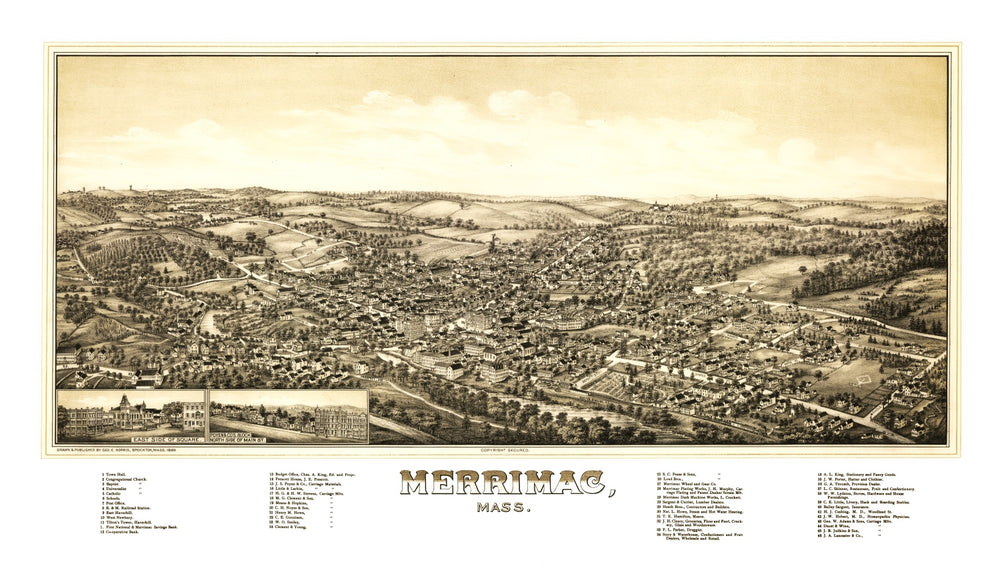 Vintage Map of Merrimac, Massachusetts 1889 print style example