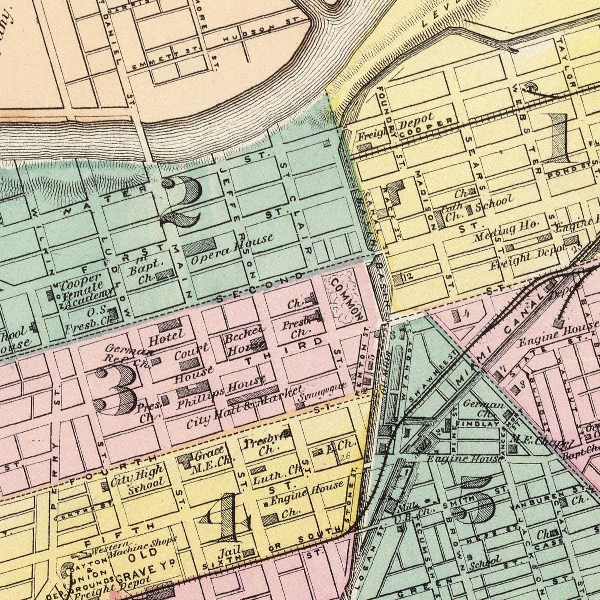 Restored historic details from the 1872 city map of Dayton, Ohio