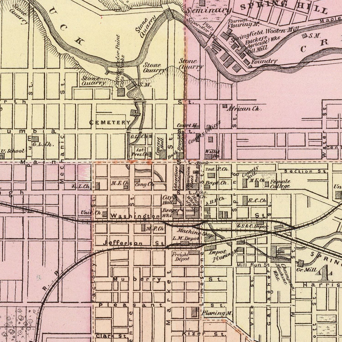 Restored historic details from the 1872 city map of Springfield, Ohio