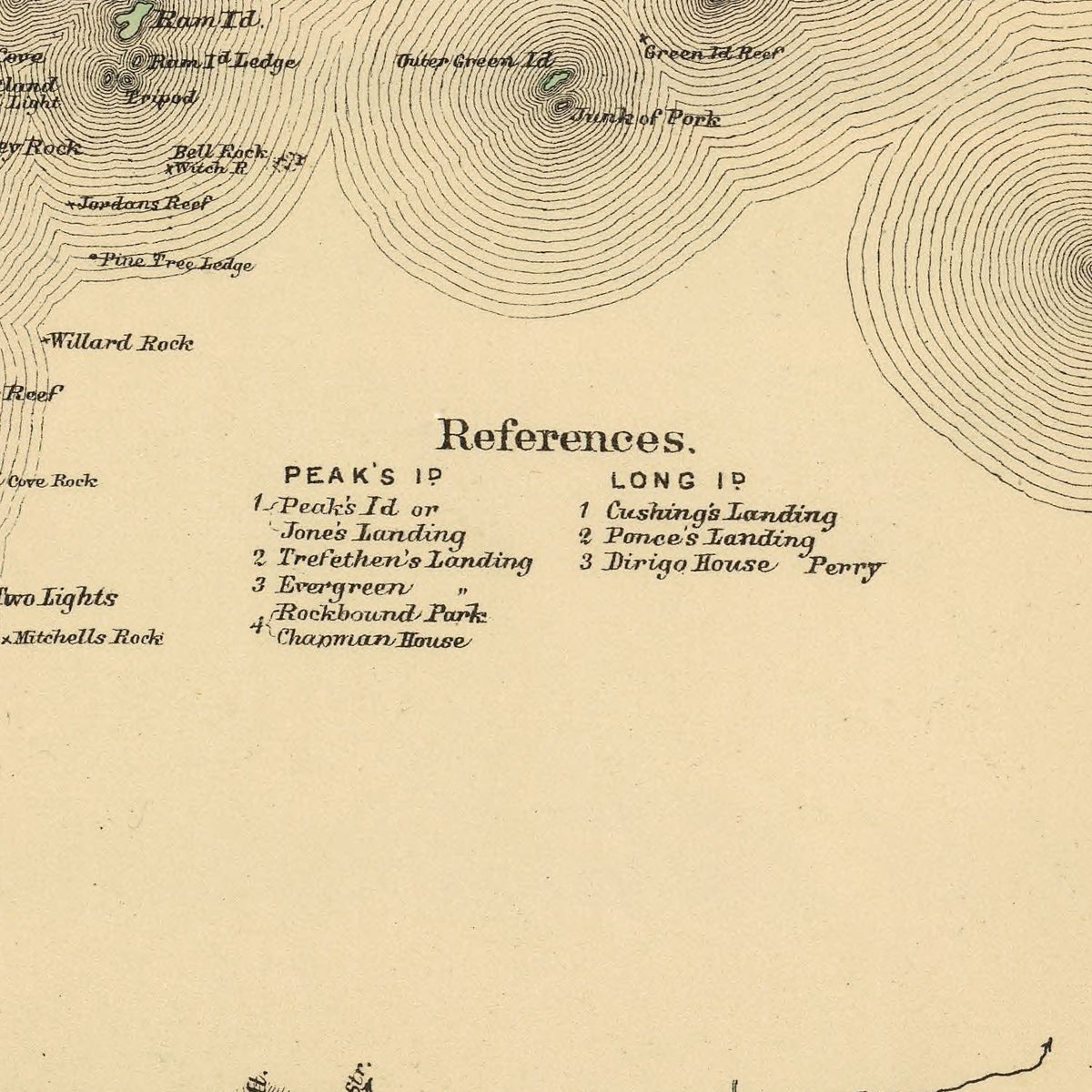 Restored historic details from the 1894 city map of Casco Bay, Maine