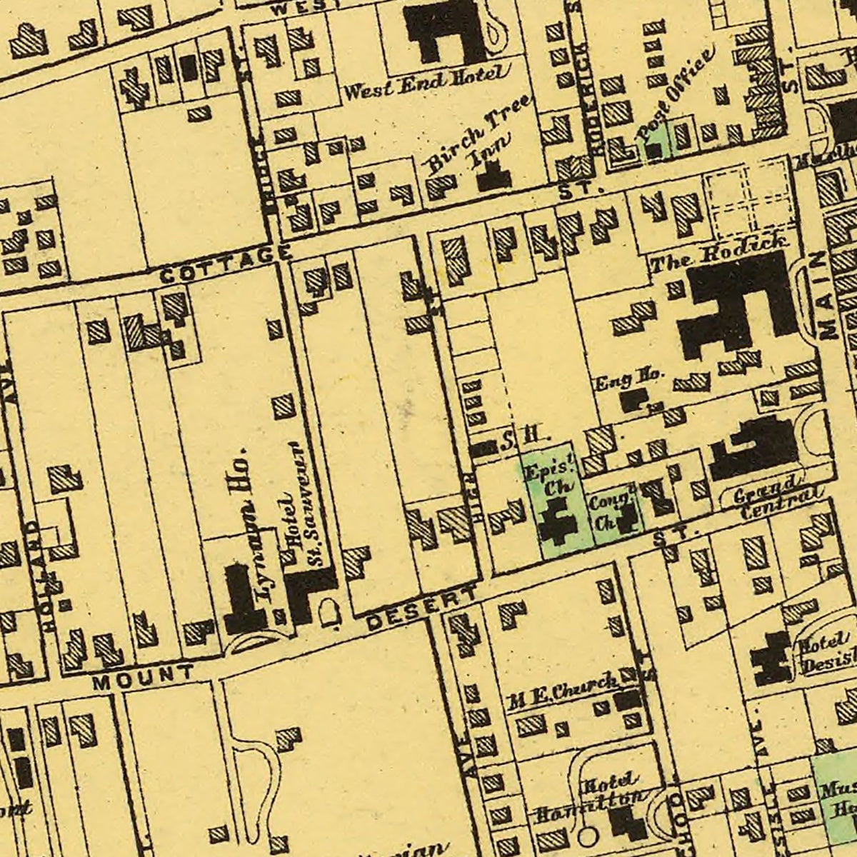 Restored historic details from the 1894 city map of Bar Harbor, Maine