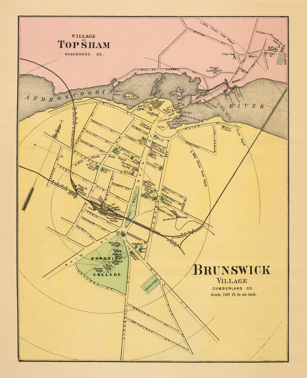 Vintage Map of Brunswick, Maine 1894 print style example